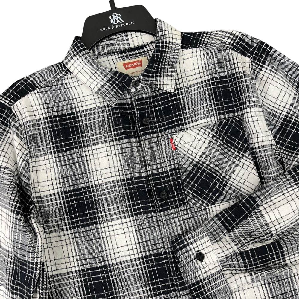 Levi's Long Sleeve Flannel Shirt Plaid Black White XL Kids Boy Grunge Skater